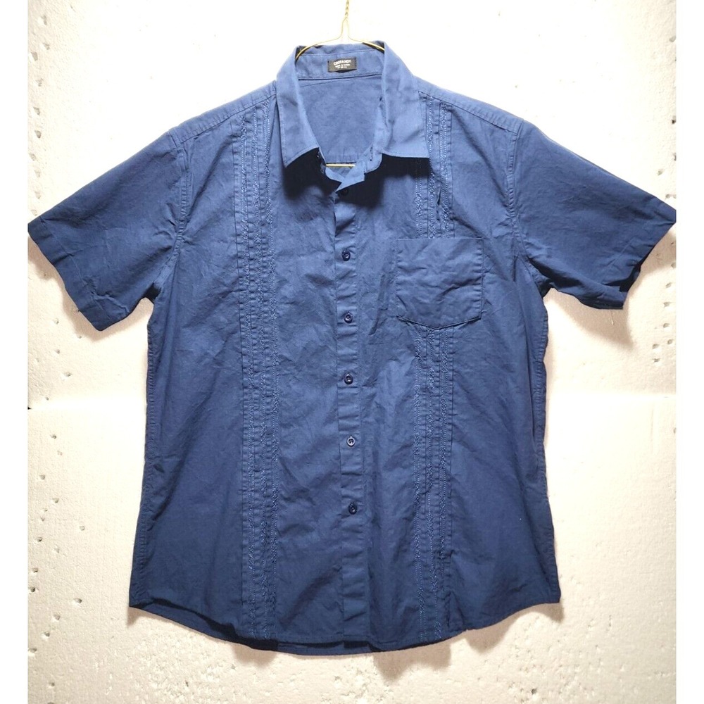 Coofandy Shirt Men Medium Blue Button Down Pleated Short Sleeve Casual Collared
